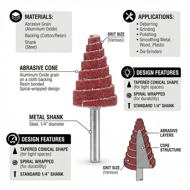 NACX 6mm x 16mm Cone Shape Abrasive Sandpaper Cone Shape Abrasive Sander, 80 Grit 1/4" Shank, 20Pcs - Image 3